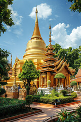 Obraz premium Traditional thai architecture: golden chedi, ornate viharn, and vibrant courtyard