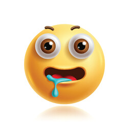 Drooling emoji clipart 3d character. Emoji face character in hungry, saliva, craving, thirsty, desire, excited and grinning facial expression yellow icon graphic element. Vector illustration drooling 