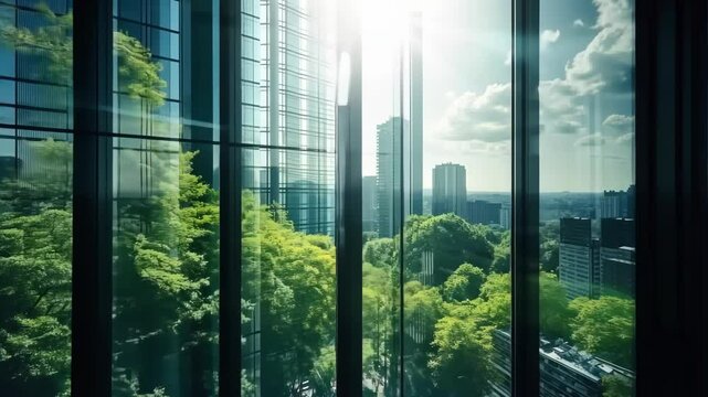 Double exposure of lush green forest and modern skyscrapers windows of building. Green city concept. 