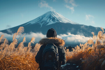  Hiker Facing Mount Fuji in Autumn Landscape