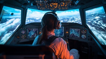 Fototapeta premium A person inside a flight simulator cockpit, fully immersed in a realistic VR flying experience. The cockpit is equipped with detailed panels, controls, and screens, replicating a real aircraft setup.