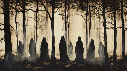 A haunting scene set in a dark, misty forest. The image features a group of shadowy figures, resembling cloaked beings or spirits, standing amidst tall, stark trees. The background radiates a soft, mu