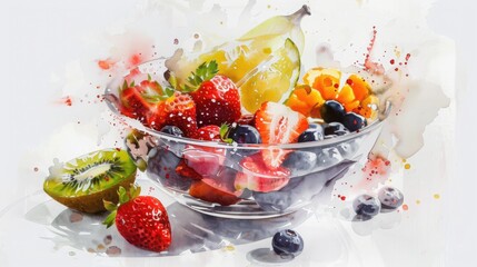 Creating a gentle watercolor fruit bowl illustration with soft pastel colors artistic food scene studio environment delicate transparency concept