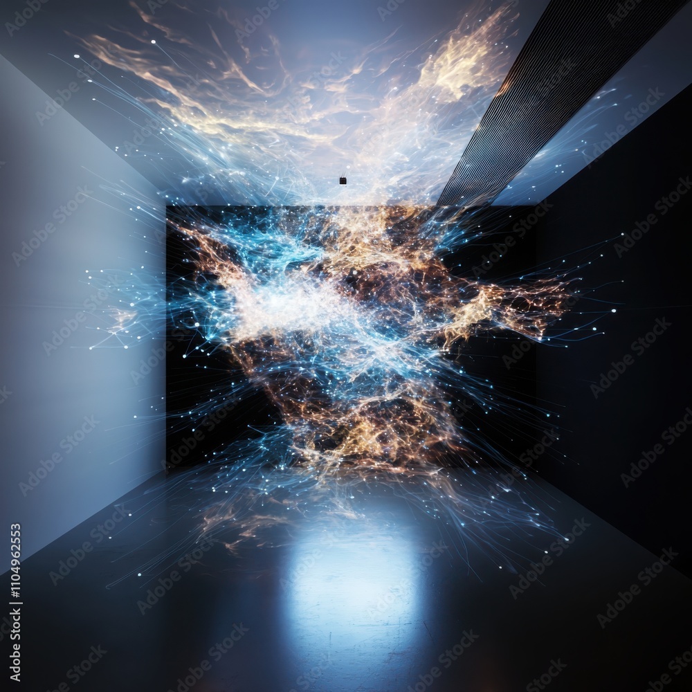 Poster exploring digital intelligence ecosystem algorithmic patterns evolving like living organisms in tran