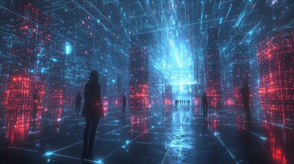 Futuristic digital space with neon lights and virtual reality elements in a cyber world.