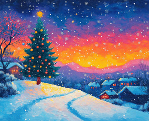 Naklejka premium Illustration Christmas tree background with snowflakes and stars , Christmas watercolor illustration