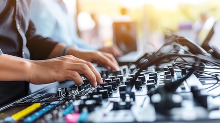 Fototapeta premium Serene audio studio with a sound engineer adjusting noise reduction settings on a mixing console. Recording studio, audio equipment manufacturer, music magazine, audio processing,music producer