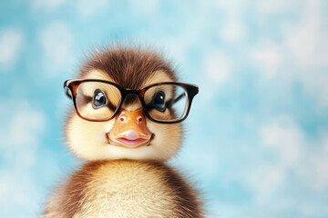 Curious duckling wearing glasses cozy environment pastel colors adorable animal photography playful concept