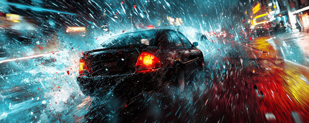 Obraz premium car speeding through rain soaked street, creating splashes and reflections. intense atmosphere captures chaos and energy of stormy night