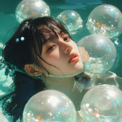 Naklejka premium Pensive east asian girl in an effervescent electrified oasis surrounded by gleaming orbs magical water setting dreamlike mood for creative inspiration