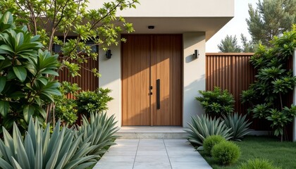 Modern house with wooden door and white walls in a landscaped garden setting