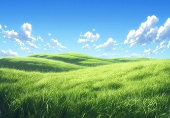 Fototapeta premium Beautiful grassy fields and summer blue sky with fluffy white clouds in the wind. Anime Background 