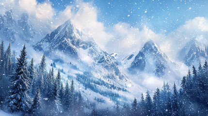 Obraz premium Majestic mountain landscape blanketed in heavy snowfall, showcasing towering peaks and evergreen trees under serene blue sky. scene evokes sense of tranquility and winter beauty