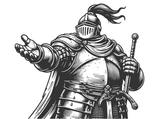 Fototapeta premium medieval knight in ornate armor with a flowing cape, extending his hand and holding a sword, symbolizing chivalry sketch engraving generative ai vector illustration. Scratch board. Black and white.