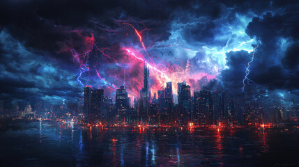 Obraz premium dramatic thunderstorm over vibrant city skyline, illuminated by flashes of lightning and colorful reflections on water. scene evokes sense of awe and intensity
