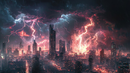 Obraz premium dramatic thunderstorm over city skyline, with flashes of lightning illuminating dark clouds and towering buildings. scene evokes sense of awe and intensity
