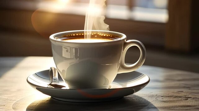 Close up of cap of coffee with smoke on table. 
