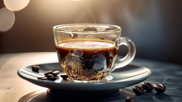 Close up of cap of coffee with smoke on table. 