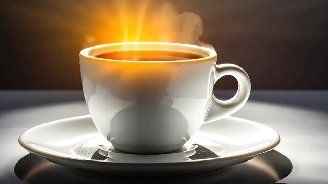 Close up of cap of coffee with smoke on table. 