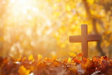Religion cross with autumn leaf.