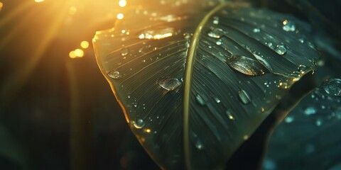 Naklejka premium Glistening droplets on green leaves Banana leaf A det
