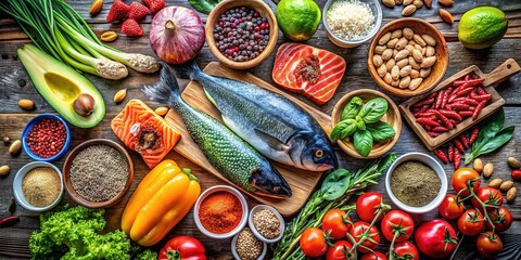 Overhead Omega 3 Foods Bokeh, Healthy Diet, Fresh Produce