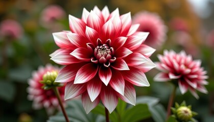 Obraz premium Close-up of a vibrant red flower with white edges, in a field of similar flowers