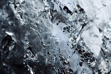 Obraz premium Close-up of textured ice with water droplets, showcasing natural patterns and reflections.