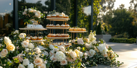 Hosting an elegant afternoon tea in a blooming garden tea house featuring ornate china and tiered dessert stands