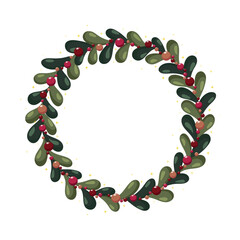 Christmas wreath floral with green leaves and red berries. Decor for New Year Christmas and holiday. Vector flat illustration isolated on white background