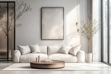 Minimalist and boho style interior design with modern living room and white sofa