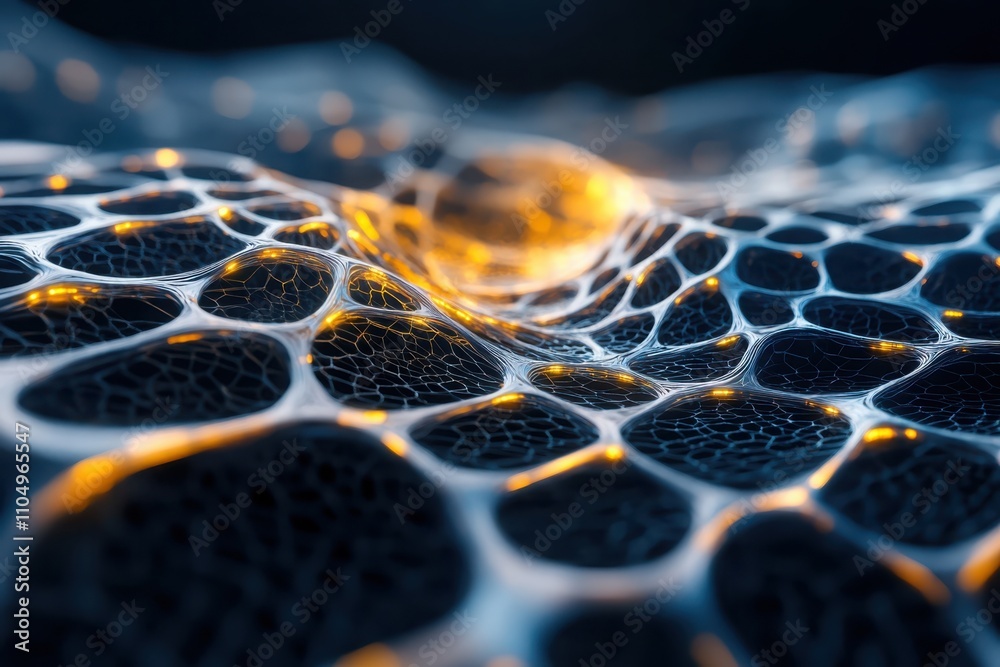 Poster macro view of ai networks interconnected nodes and light pathways in electric teals and deep blue