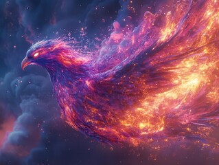 Fototapeta premium Ethereal phoenix in side profile, dissolving into mercury, transforming with a cascade of vibrant, holographic colors, representing renewal, fantasy neon radiance, CGI 3D rendering