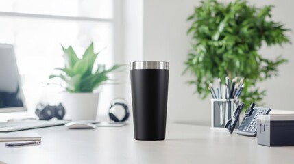 Stylish Tumbler Mockup in Modern Office Setting Promoting Productive Workspace | Ultra-Detailed Workplace Inspirations