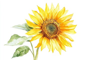 Obraz premium A watercolor painting of a single yellow sunflower with green leaves on a white background.