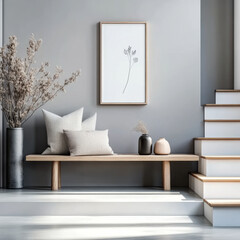 Wooden sofa and  grey wall and staircase. Scandinavian interior design style
