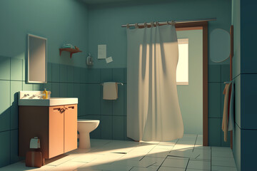 Sunlit bathroom scene with shower curtain and various toiletries.