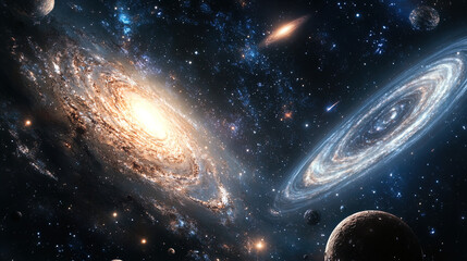 A spectacular cosmic scene showcases two distinct galaxies swirling in the vastness of space. The left galaxy features a bright, luminous core surrounded by swirling arms of stars and cosmic dust. Its