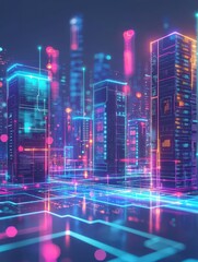 Obraz premium A vibrant, futuristic cityscape featuring neon-lit skyscrapers and glowing patterns on the ground, evoking a high-tech ambiance.