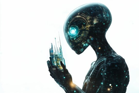 Robotic being holds futuristic city miniature.