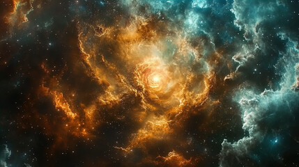 A stunning cosmic scene depicts a vibrant nebula swirling in the depths of space. The image showcases a rich array of colors, predominantly fiery oranges and deep blues, creating a dramatic contrast. 
