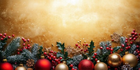 Golden Christmas Banner with Red and Gold Ornaments, Holly Leaves, Snowflakes, Pinecones, and Frosted Greenery – Festive Holiday Background