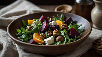 Rustic Winter Salad with Seasonal Vegetables" A vibrant winter salad is arranged in a handmade ceramic bowl with a speckled glaze. The salad features roasted beets, arugula, slices of orange, crumbled