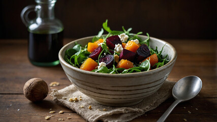 Rustic Winter Salad with Seasonal Vegetables" A vibrant winter salad is arranged in a handmade ceramic bowl with a speckled glaze. The salad features roasted beets, arugula, slices of orange, crumbled