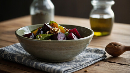 Rustic Winter Salad with Seasonal Vegetables" A vibrant winter salad is arranged in a handmade ceramic bowl with a speckled glaze. The salad features roasted beets, arugula, slices of orange, crumbled