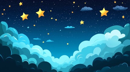 Obraz premium A cartoon illustration of a night sky with a crescent moon and stars.
