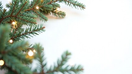 White Christmas background with tree branches decorated with garland lights with copy space on the right. Mockup design of New Year card. Top view of tree ornaments. Ad place. Greeting text