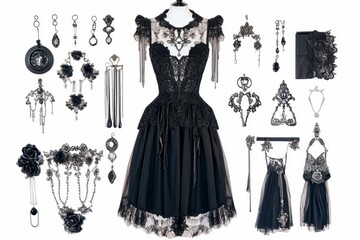 Obraz premium Black lace dress, ornate jewelry, gothic style.