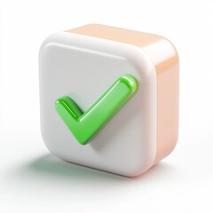 3D Cartoon-Style Bright Green Checkmark Icon with Rounded Edges on Minimalist White Background