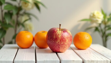 Red apple among oranges on white bench